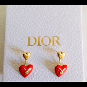 Christian Dior Red Enamel Heart w/Star Drop Earrings Vintage